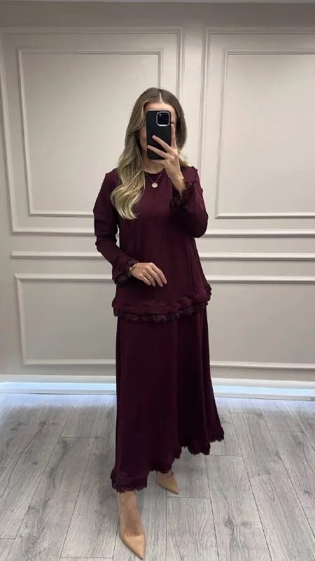 Misswhence 38004 Bordo Güpür Detaylı Etekli Takım