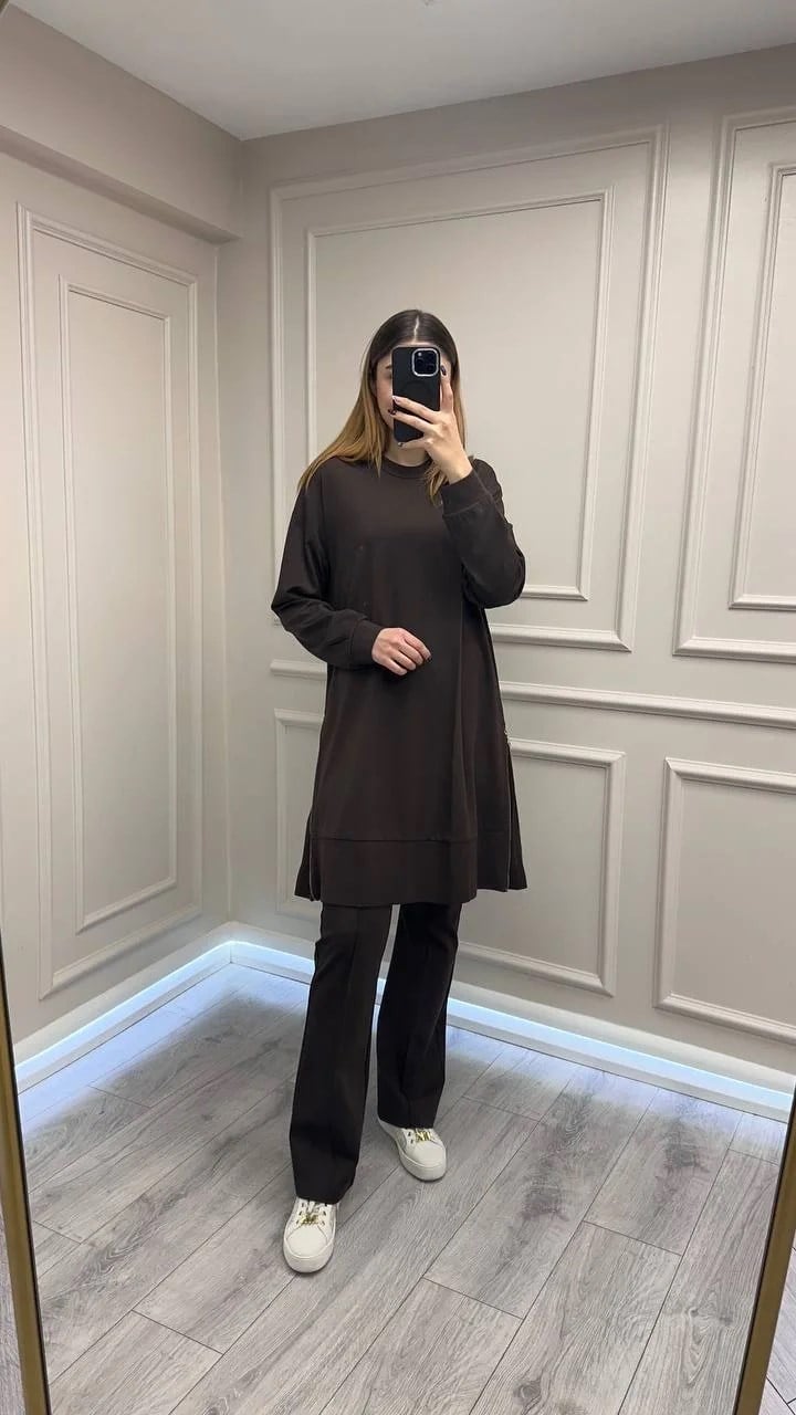 Misswhence 38020 Kahve Yanları Fermuar Detaylı Tunik