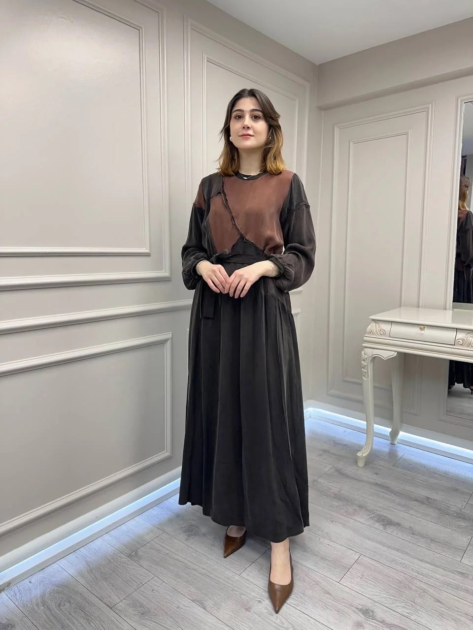 Misswhence 39801 Kahverengi İki Renkli Elbise