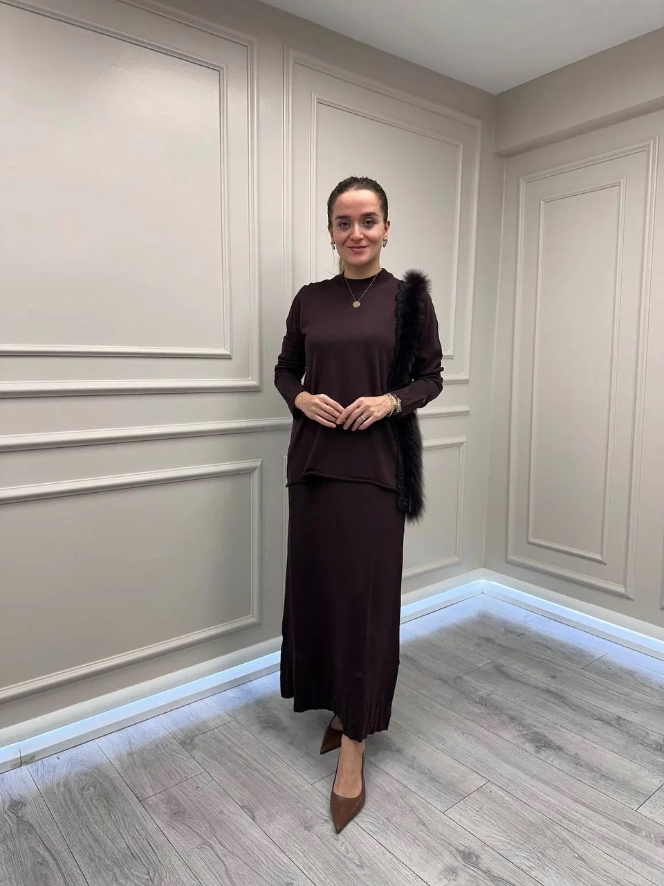 Misswhence MİSS 268 Kahverengi Kürk Detaylı Triko Takım