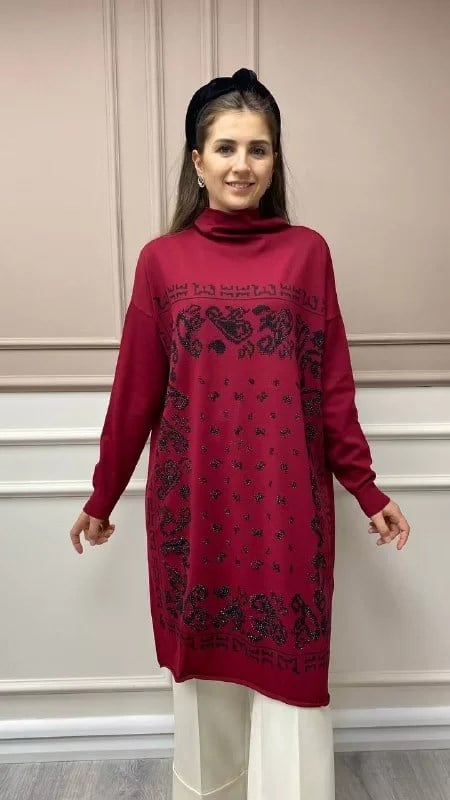 Misswhence MİSS217 Bordo Pullu Desenli Triko Tunik