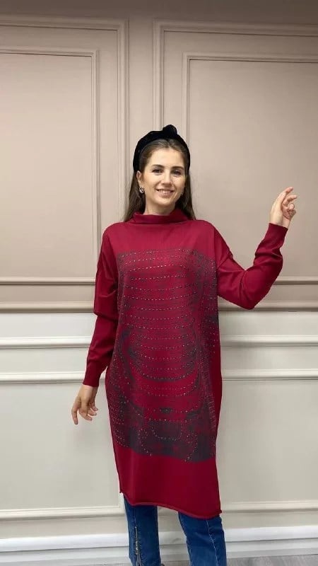 Misswhence MİSS225 Bordo Baskılı Triko Tunik