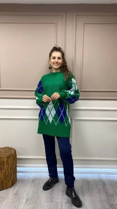 Noi 43701 Yeşil Baklava Desen Kazak