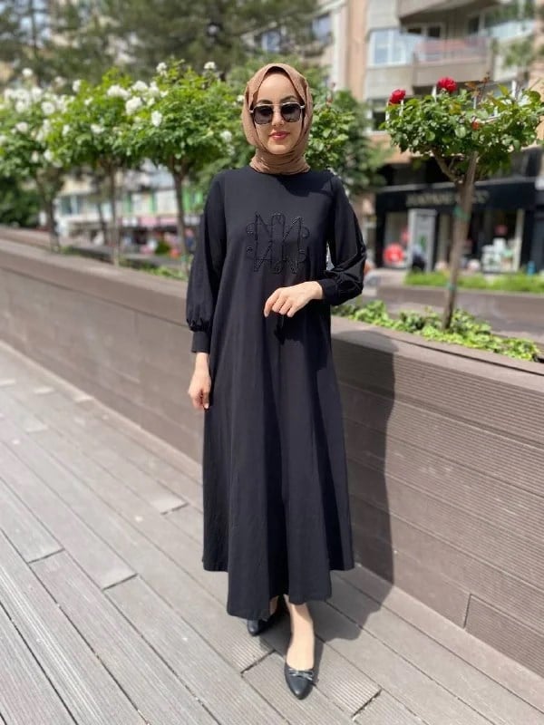 Noi 64257 Siyah Cotton Penye Önü Noi Nakış Elbise
