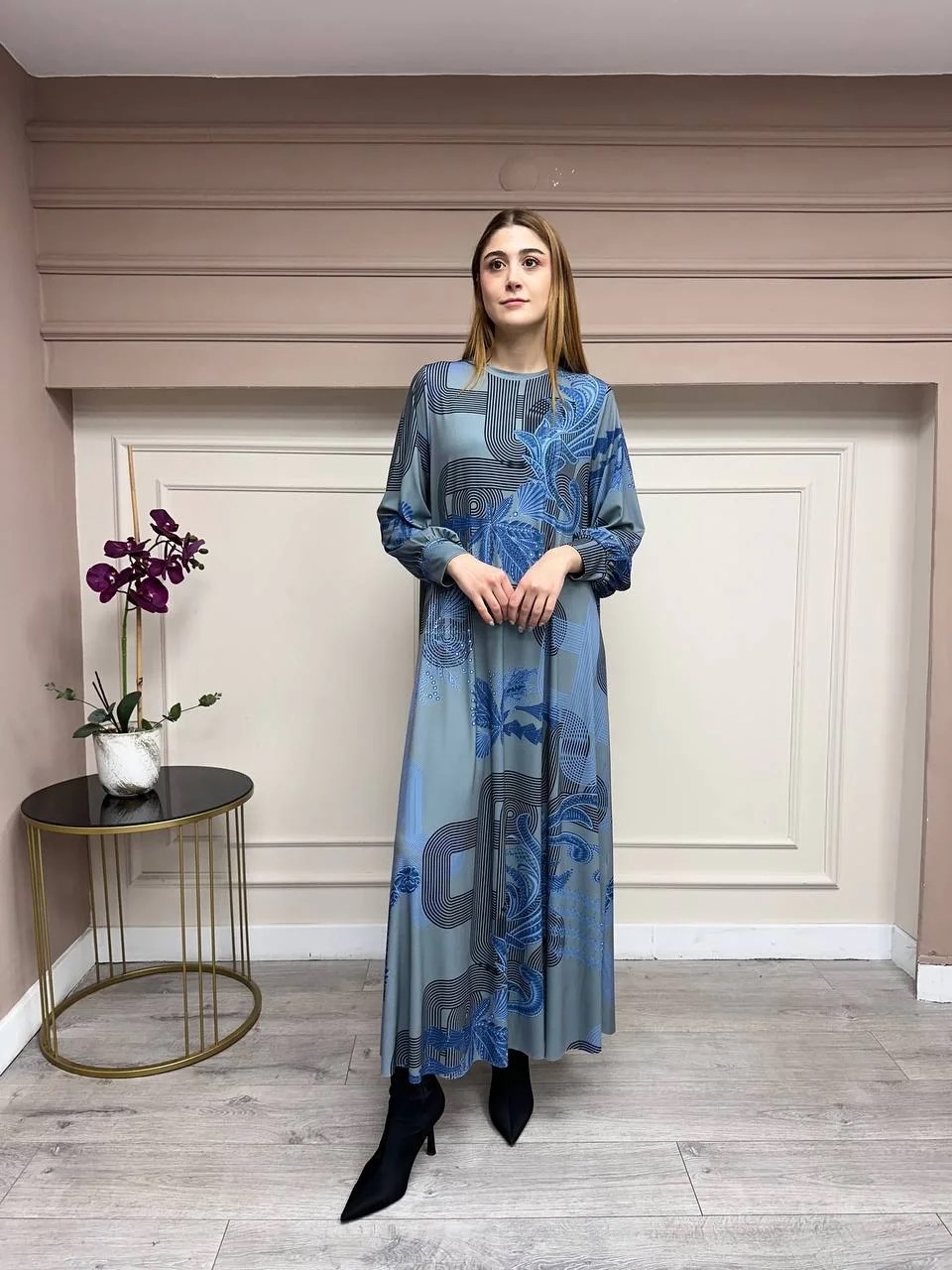 Noi 74226 Gri Jarse Çiçek Desenli Elbise