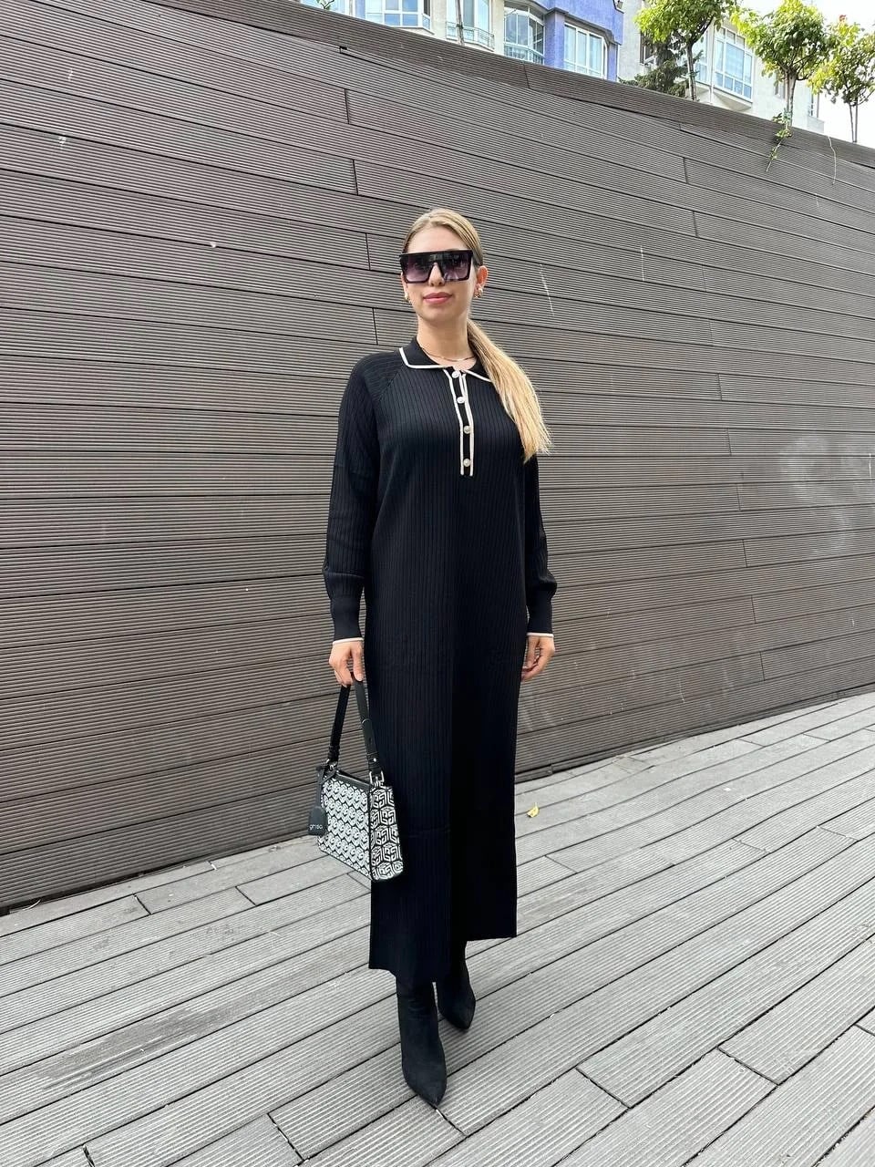 Nuss Triko 25K1410 Siyah Düğmeli Triko Elbise