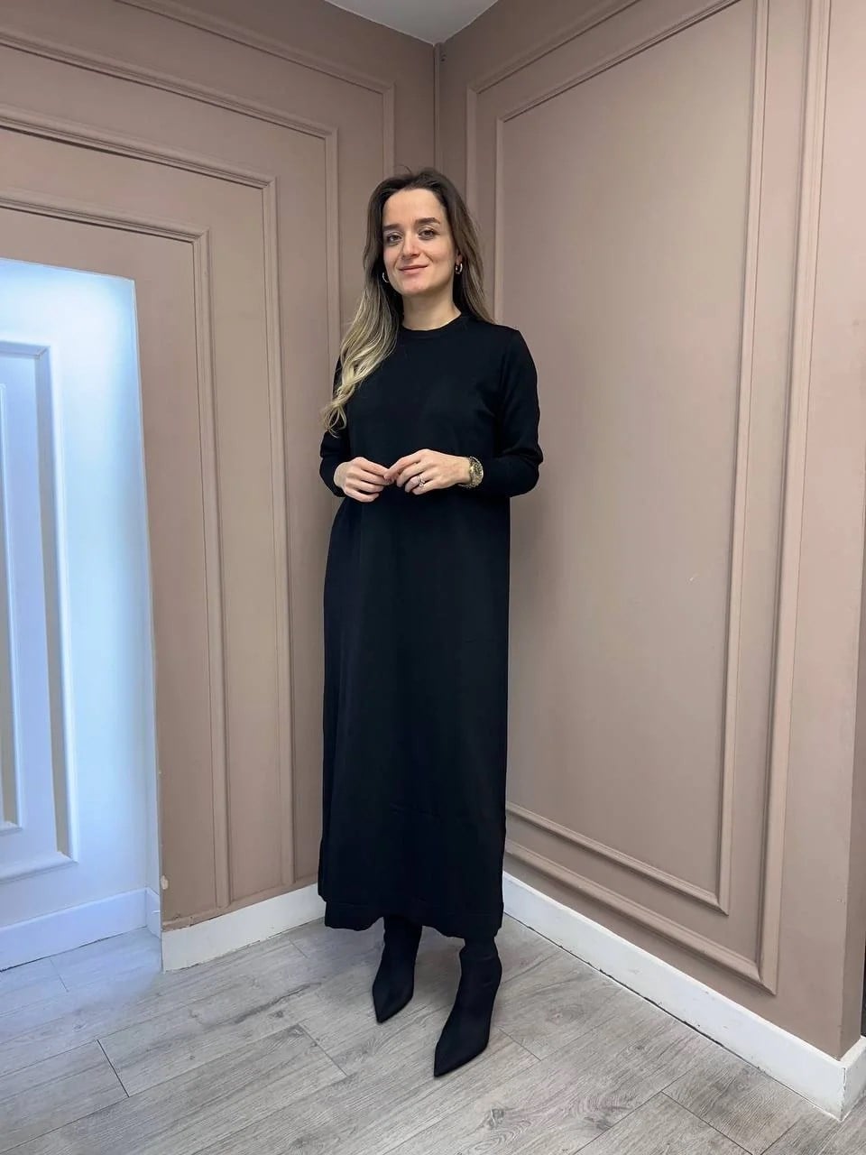 Nuss Triko 25Y1420 Siyah Fitil Detaylı Triko Elbise
