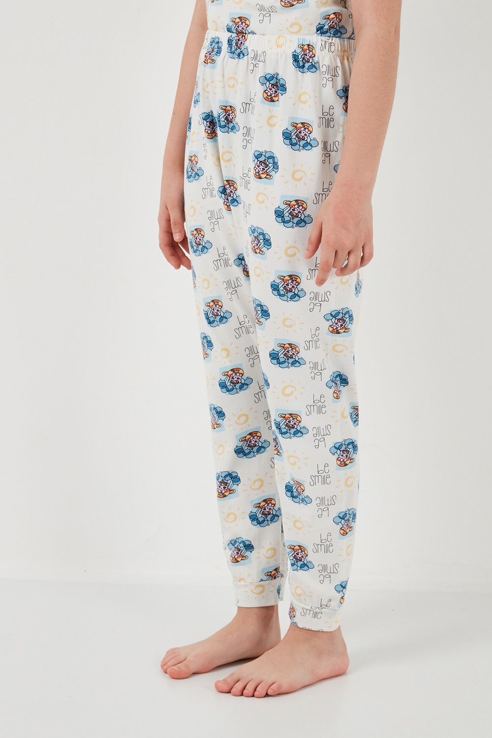% 100 Pamuk Bisiklet Yaka Kısa Kollu Kız Çocuk Pijama Takımı 6651004 EKRU-MAVİ