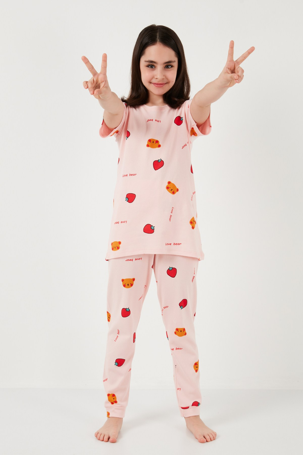 % 100 Pamuk Bisiklet Yaka Kısa Kollu Kız Çocuk Pijama Takımı 6651002 PEMBE
