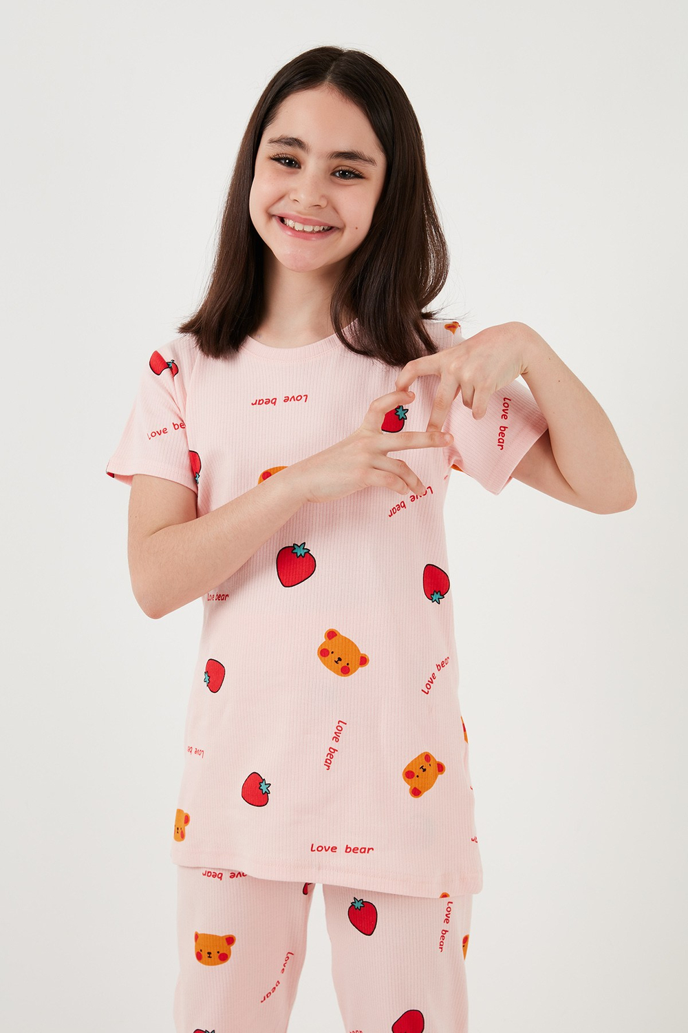 % 100 Pamuk Bisiklet Yaka Kısa Kollu Kız Çocuk Pijama Takımı 6651002 PEMBE