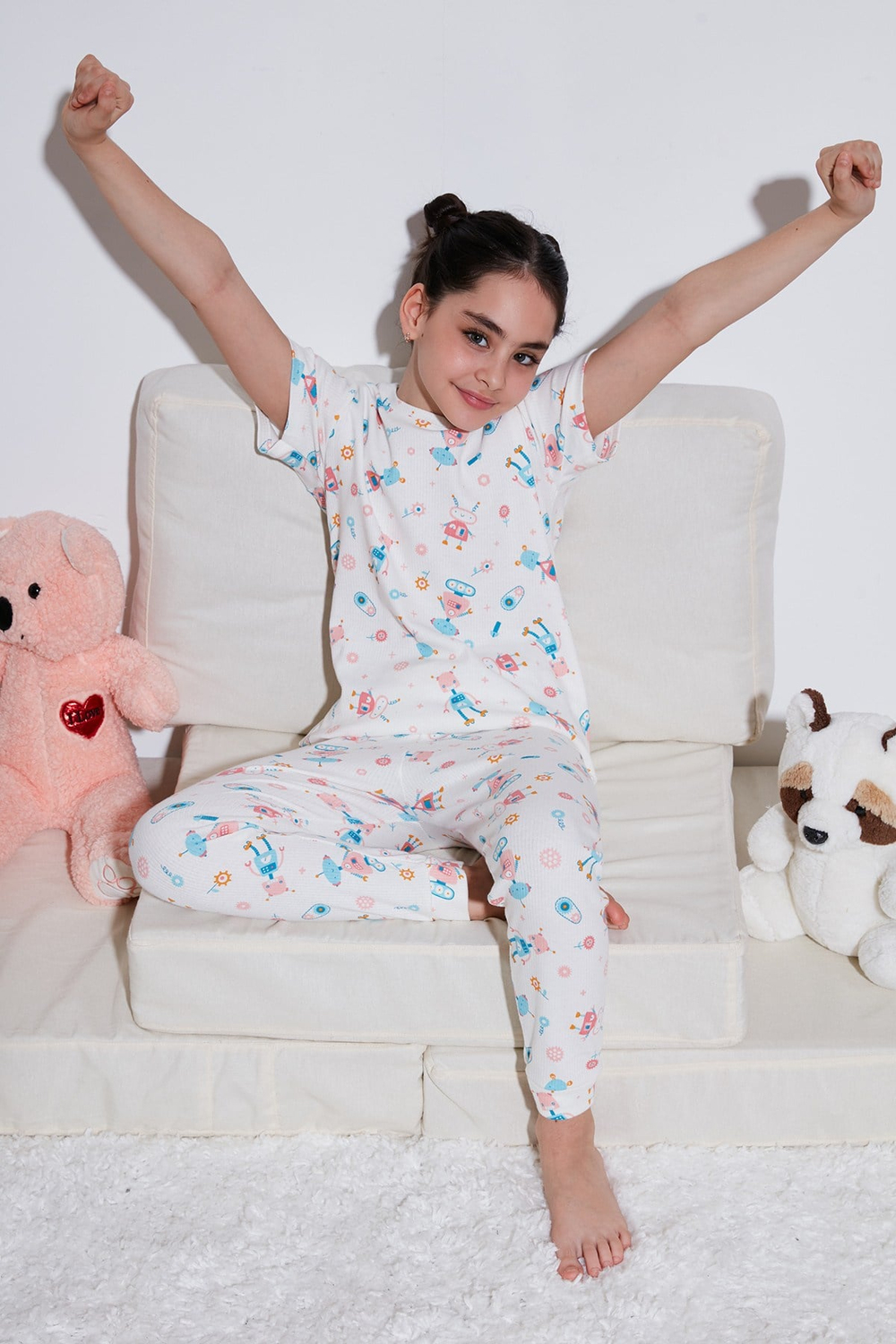 % 100 Pamuk Bisiklet Yaka Kısa Kollu Kız Çocuk Pijama Takımı 6651002 ŞEKER PEMBE