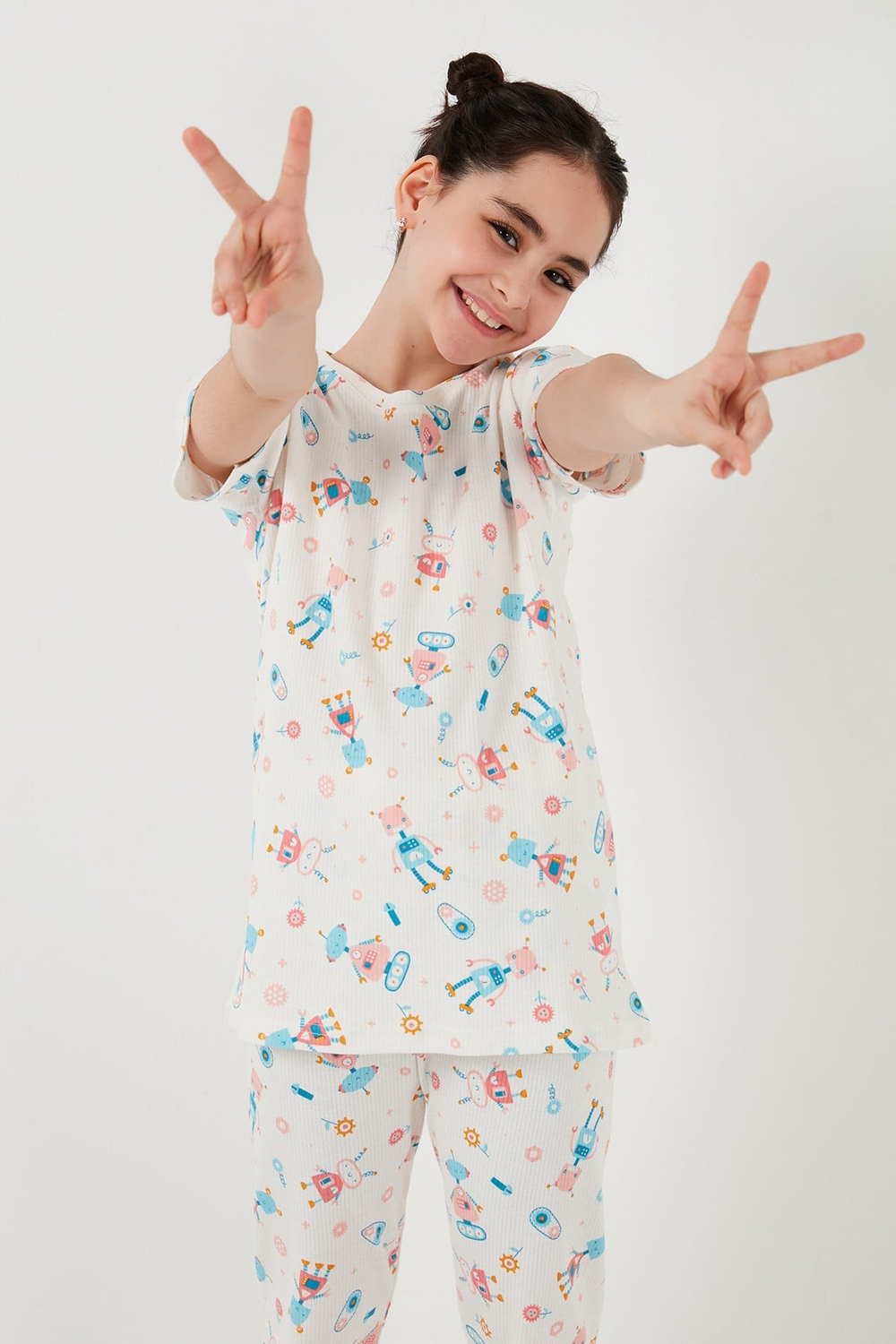 % 100 Pamuk Bisiklet Yaka Kısa Kollu Kız Çocuk Pijama Takımı 6651002 ŞEKER PEMBE
