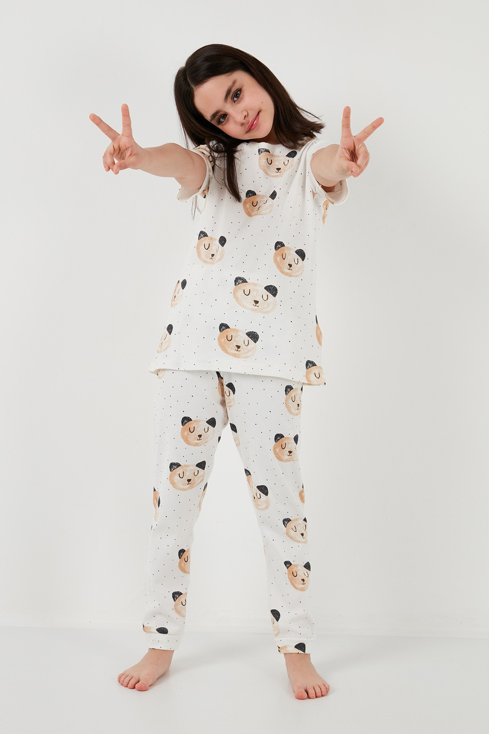 % 100 Pamuk Bisiklet Yaka Kısa Kollu Kız Çocuk Pijama Takımı 6651002 EKRU