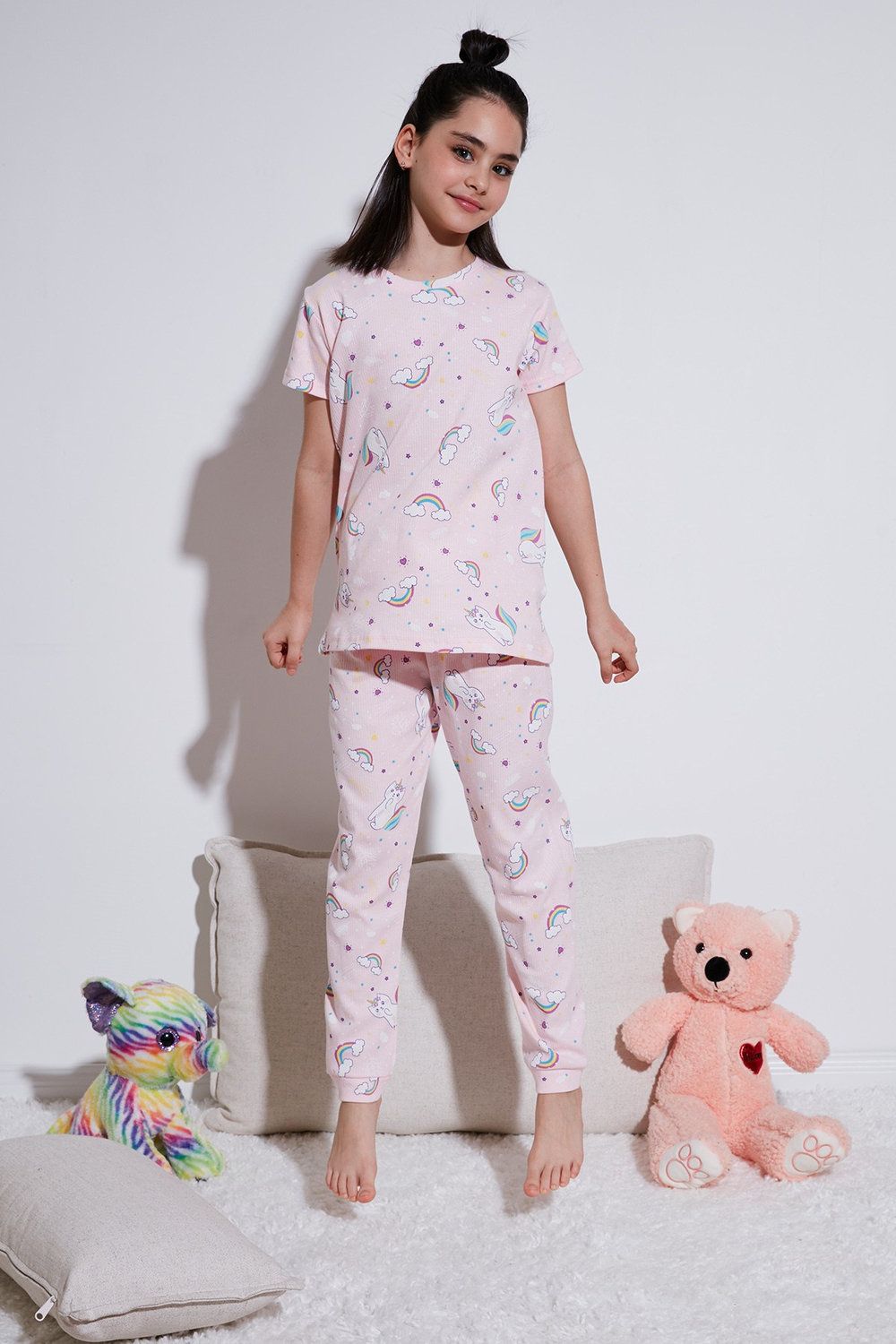 % 100 Pamuk Bisiklet Yaka Kısa Kollu Kız Çocuk Pijama Takımı 6651002 PEMBE-BEYAZ