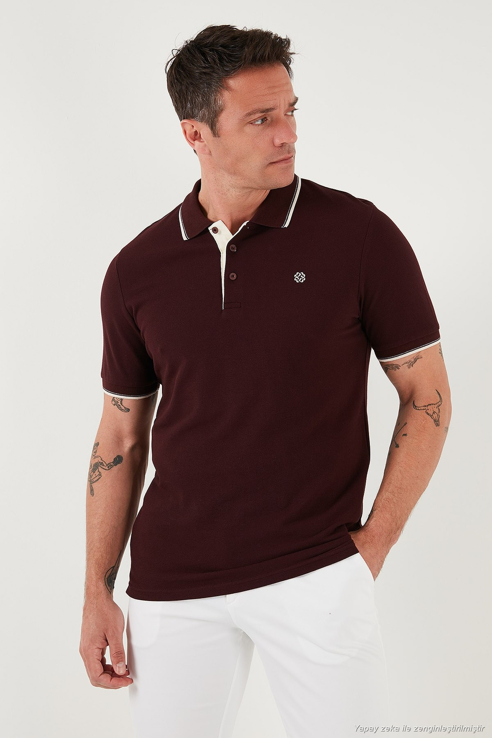 % 100 Pamuk Düğmeli Regular Fit Erkek Polo Yaka T Shirt 5902118 Vişne-Beyaz