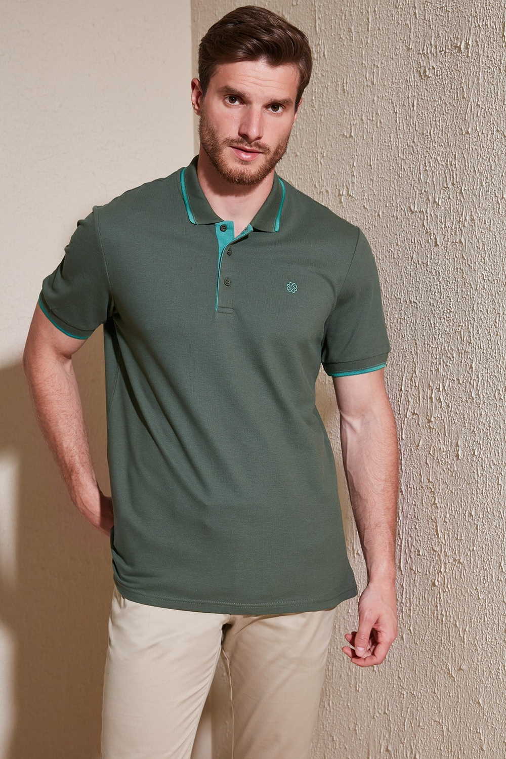 % 100 Pamuk Düğmeli Regular Fit Erkek Polo Yaka T Shirt 5902118 Haki-Mint