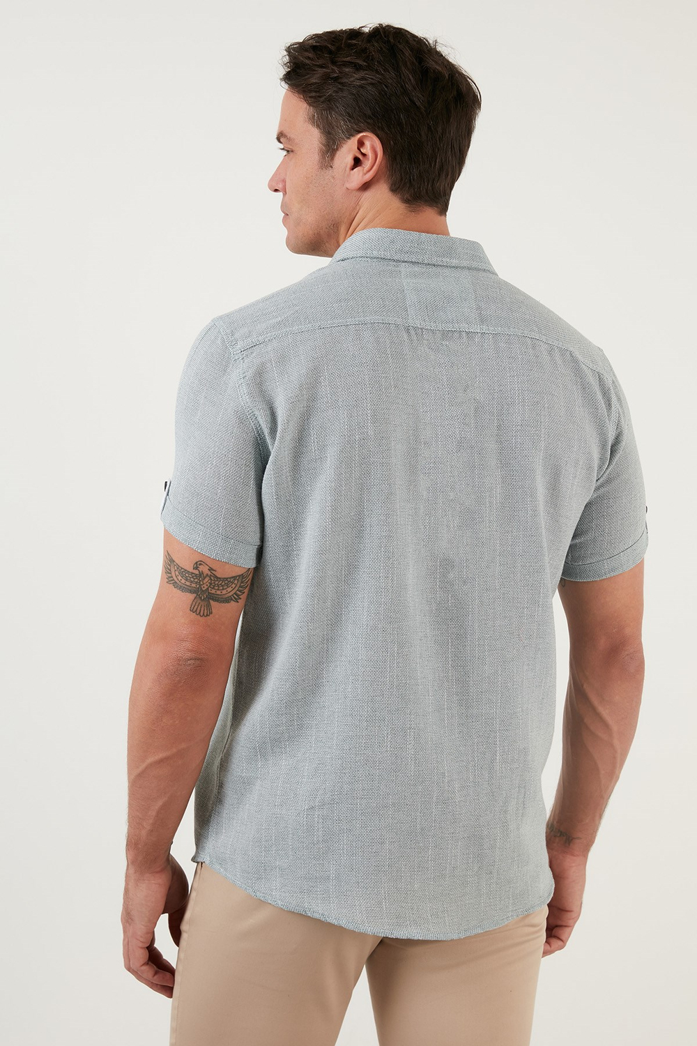 % 100 Pamuk Keten Görünümlü Slim Fit Kısa Kollu Erkek Gömlek CF21S111766 HAKİ