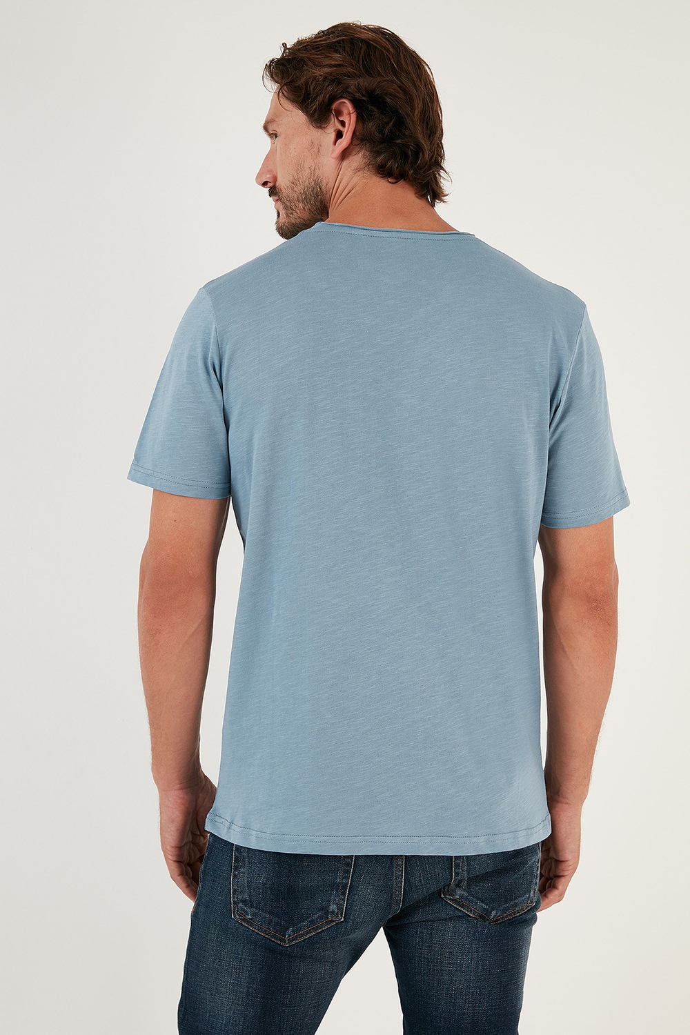 % 100 Pamuklu Slim Fit Bisiklet Yaka Cepli Erkek T Shirt 5902000 AÇIK MAVİ