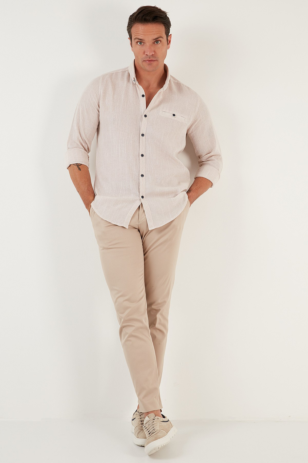 % 100 Pamuklu Slim Fit Uzun Kollu Erkek Gömlek CF21S111498 TAŞ