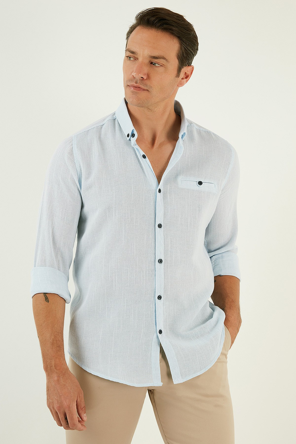 % 100 Pamuklu Slim Fit Uzun Kollu Erkek Gömlek CF21S111498 MAVİ