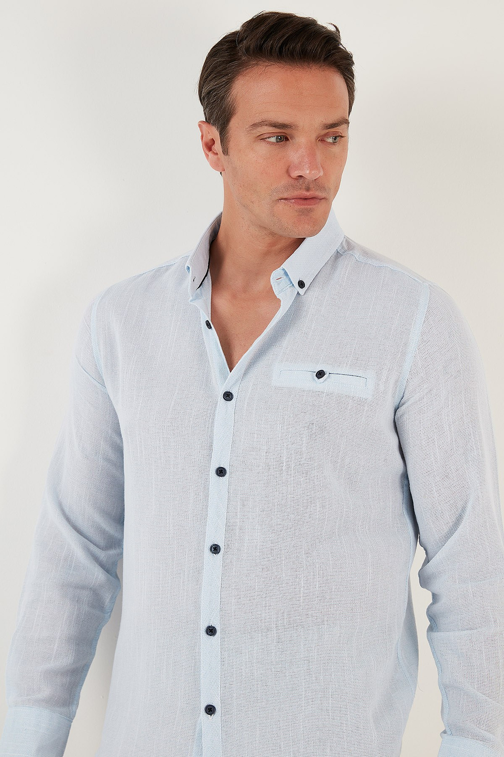 % 100 Pamuklu Slim Fit Uzun Kollu Erkek Gömlek CF21S111498 MAVİ