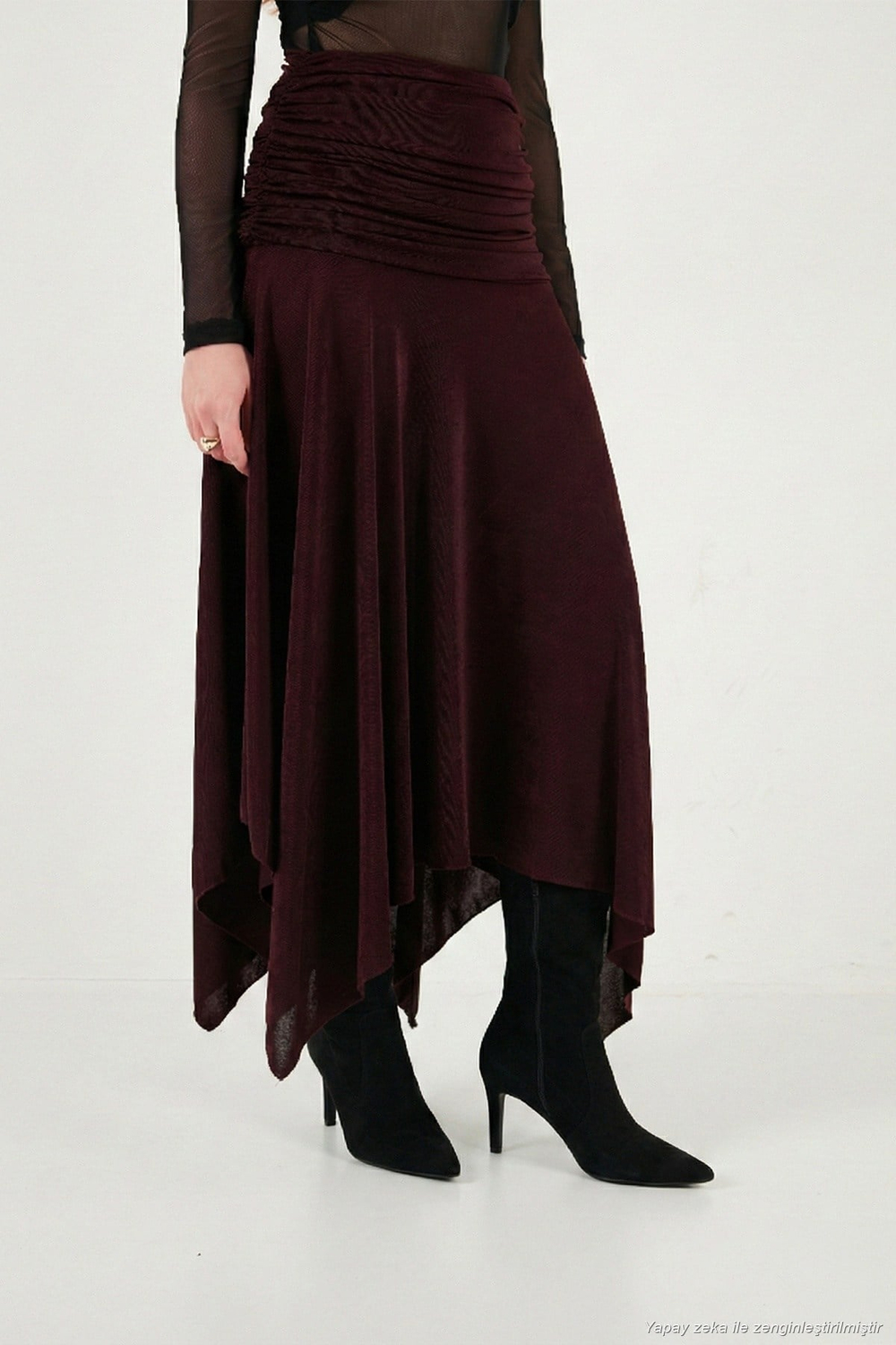 Asimetrik Kesim Drape Detaylı Yırtmaçlı Midi Boy Kadın Etek 6833366 MÜRDÜM