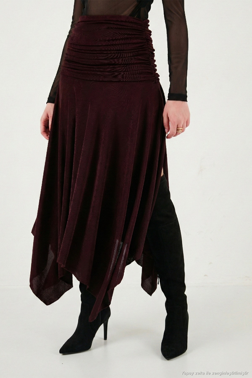 Asimetrik Kesim Drape Detaylı Yırtmaçlı Midi Boy Kadın Etek 6833366 MÜRDÜM