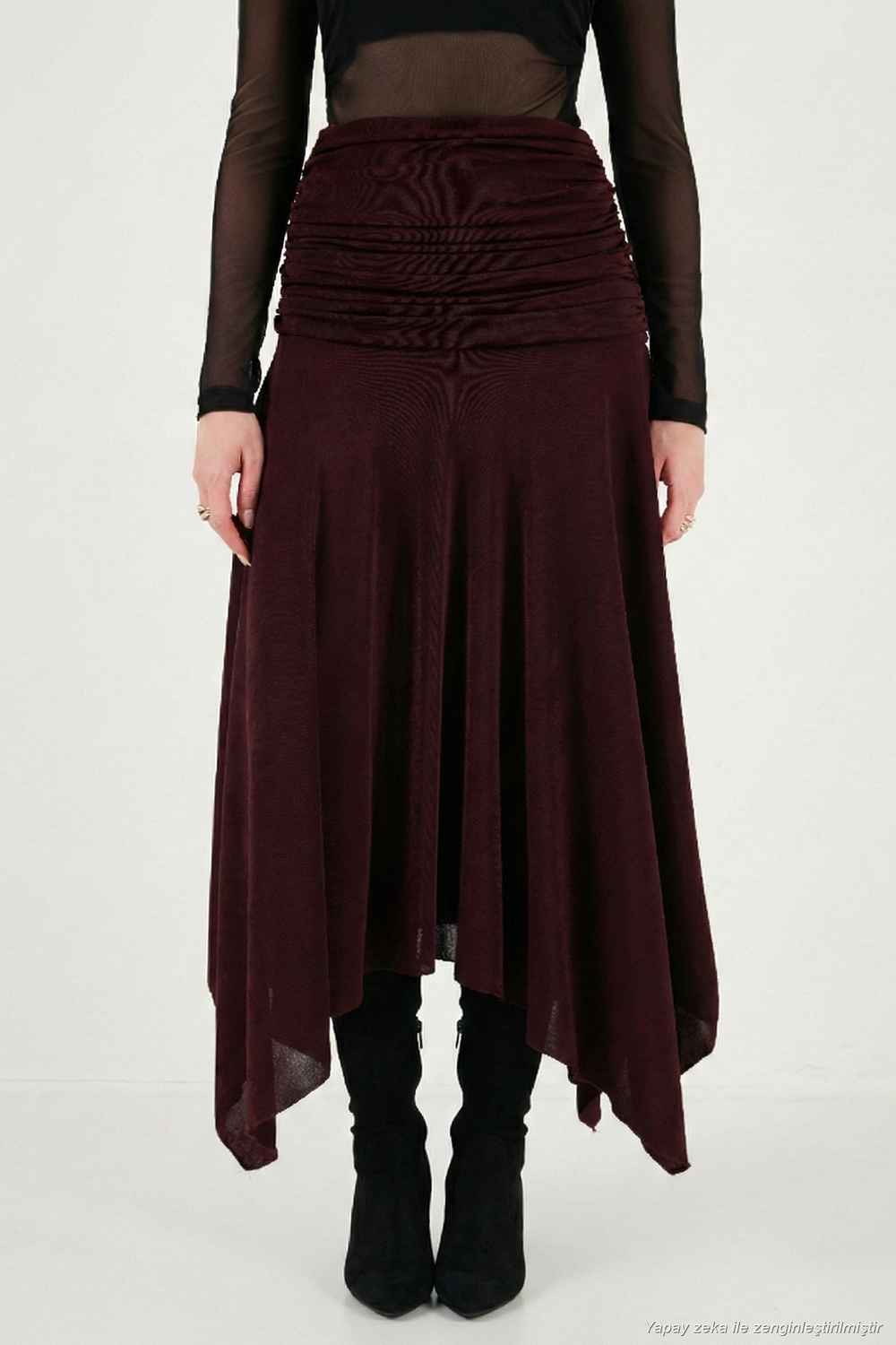 Asimetrik Kesim Drape Detaylı Yırtmaçlı Midi Boy Kadın Etek 6833366 MÜRDÜM