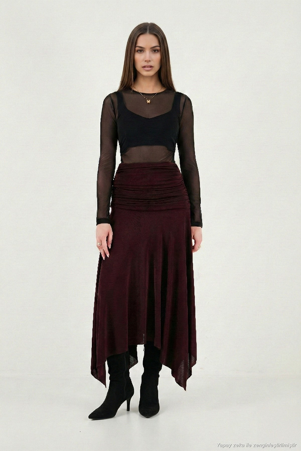 Asimetrik Kesim Drape Detaylı Yırtmaçlı Midi Boy Kadın Etek 6833366 MÜRDÜM