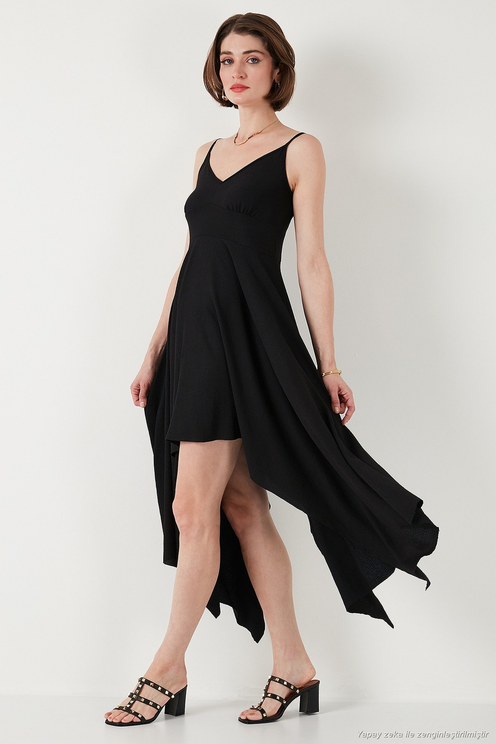 Asimetrik Kesim Regular Fit Midi Boy Askılı V Yaka Kadın Elbise 5866131 SİYAH