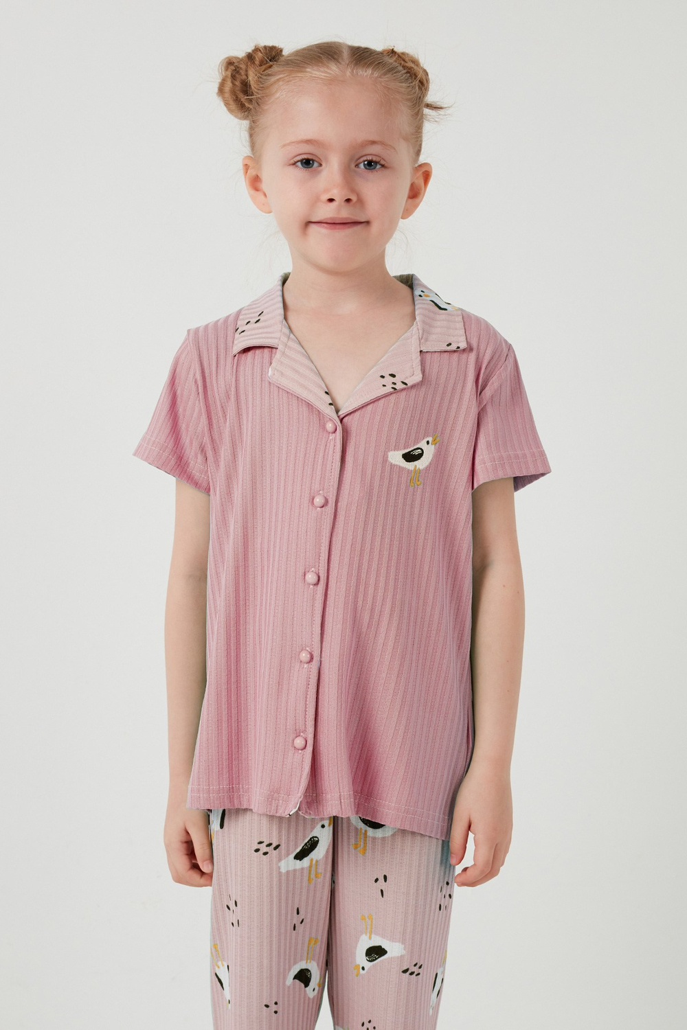 Baskılı Beli Lastikli Gömlek Yaka Kısa Kollu Kız Çocuk Pijama Takımı 6576001 PEMBE