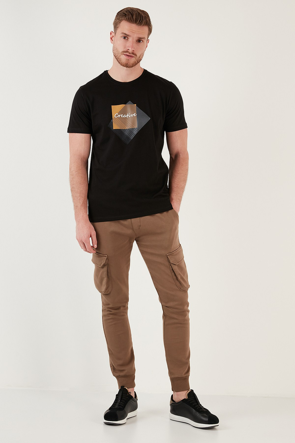 Baskılı Bisiklet Yaka % 100 Pamuk Slim Fit Erkek T Shirt 646R3940 SİYAH