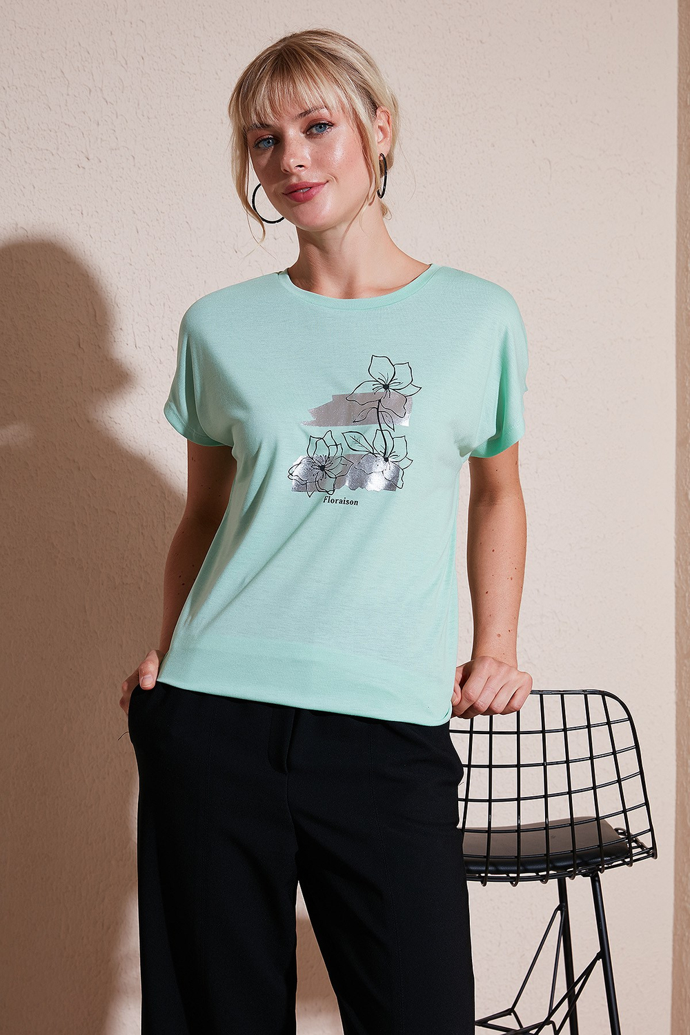 Baskılı Bisiklet Yaka Regular Fit Kadın T Shirt 6671005 MİNT