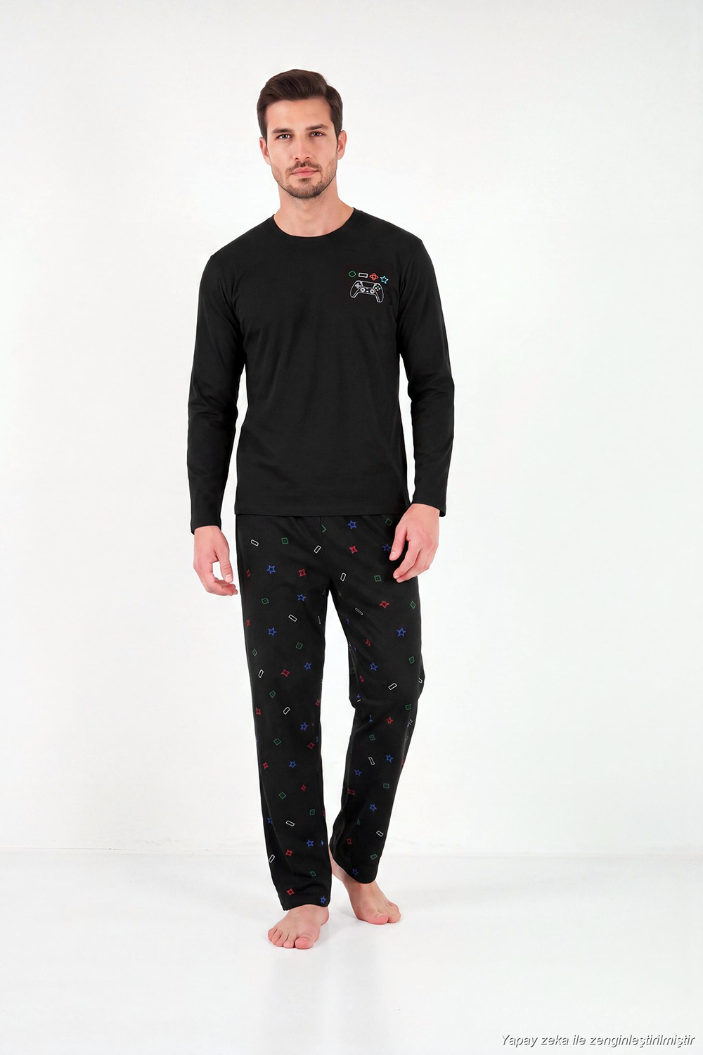 Baskılı Pamuklu Bisiklet Yaka Uzun Kollu Erkek Pijama Takımı 6575001 SİYAH