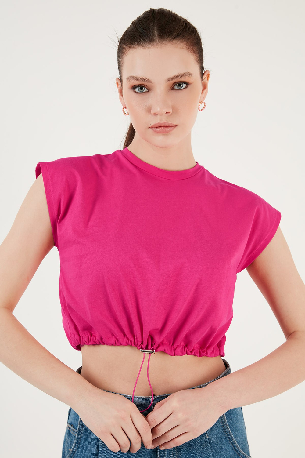 Bisiklet Yaka % 100 Pamuk Crop Kadın T Shirt 5865587 FUŞYA