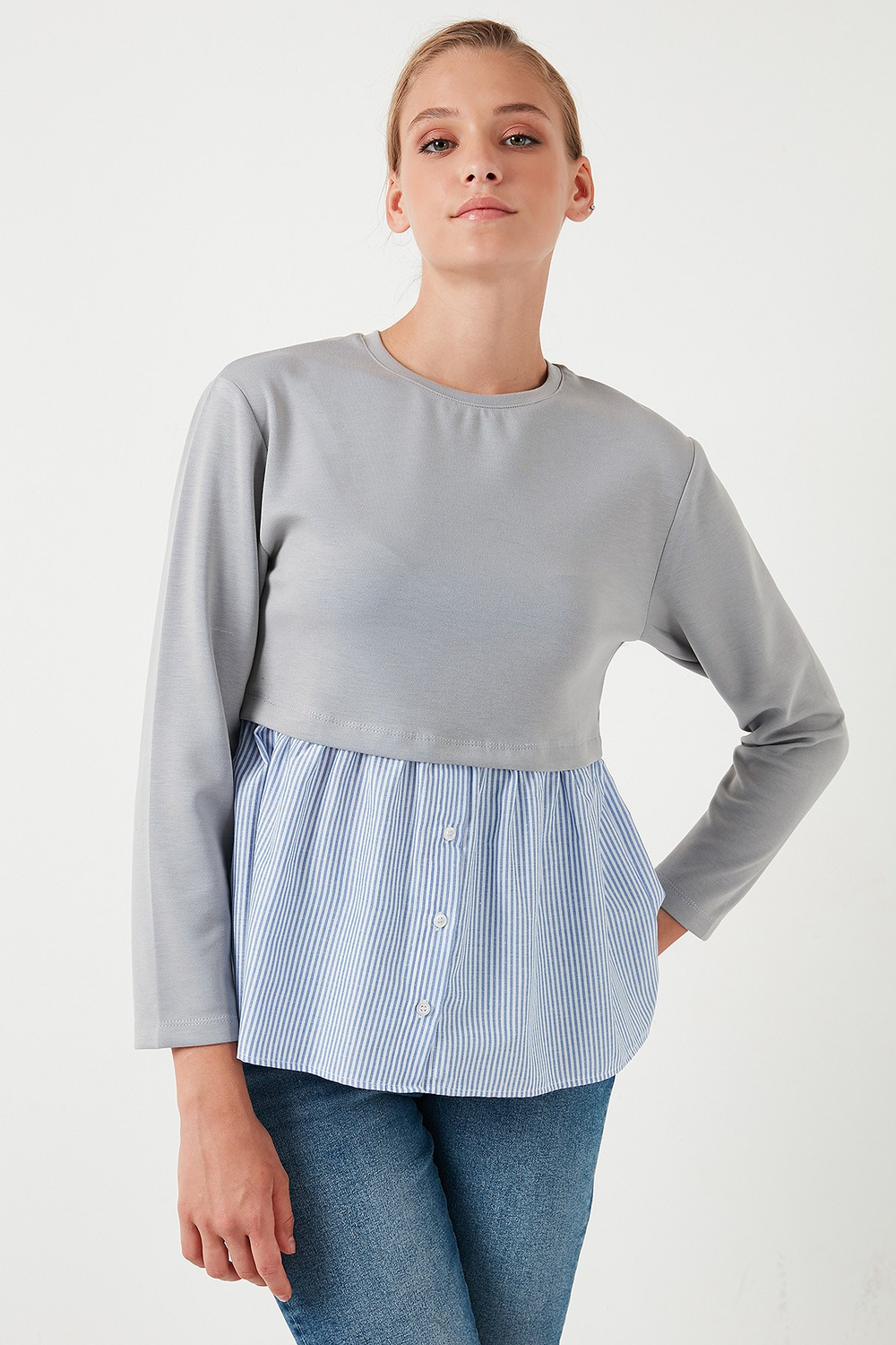 Bisiklet Yaka Gömlekli  Oversize Fit OYSHO Kumaş Kadın Sweat 5865880 GRİ