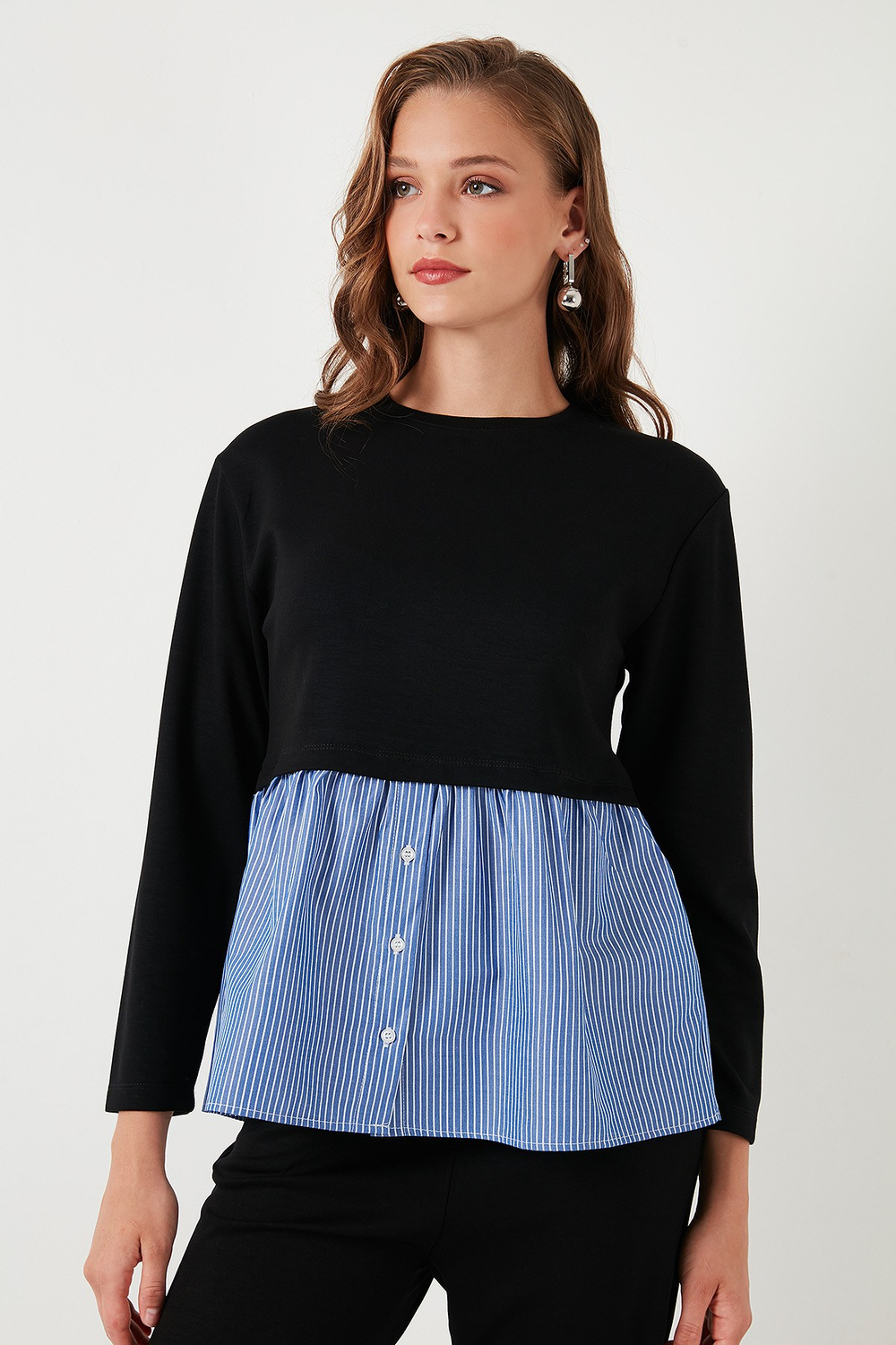 Bisiklet Yaka Gömlekli  Oversize Fit OYSHO Kumaş Kadın Sweat 5865880 SİYAH