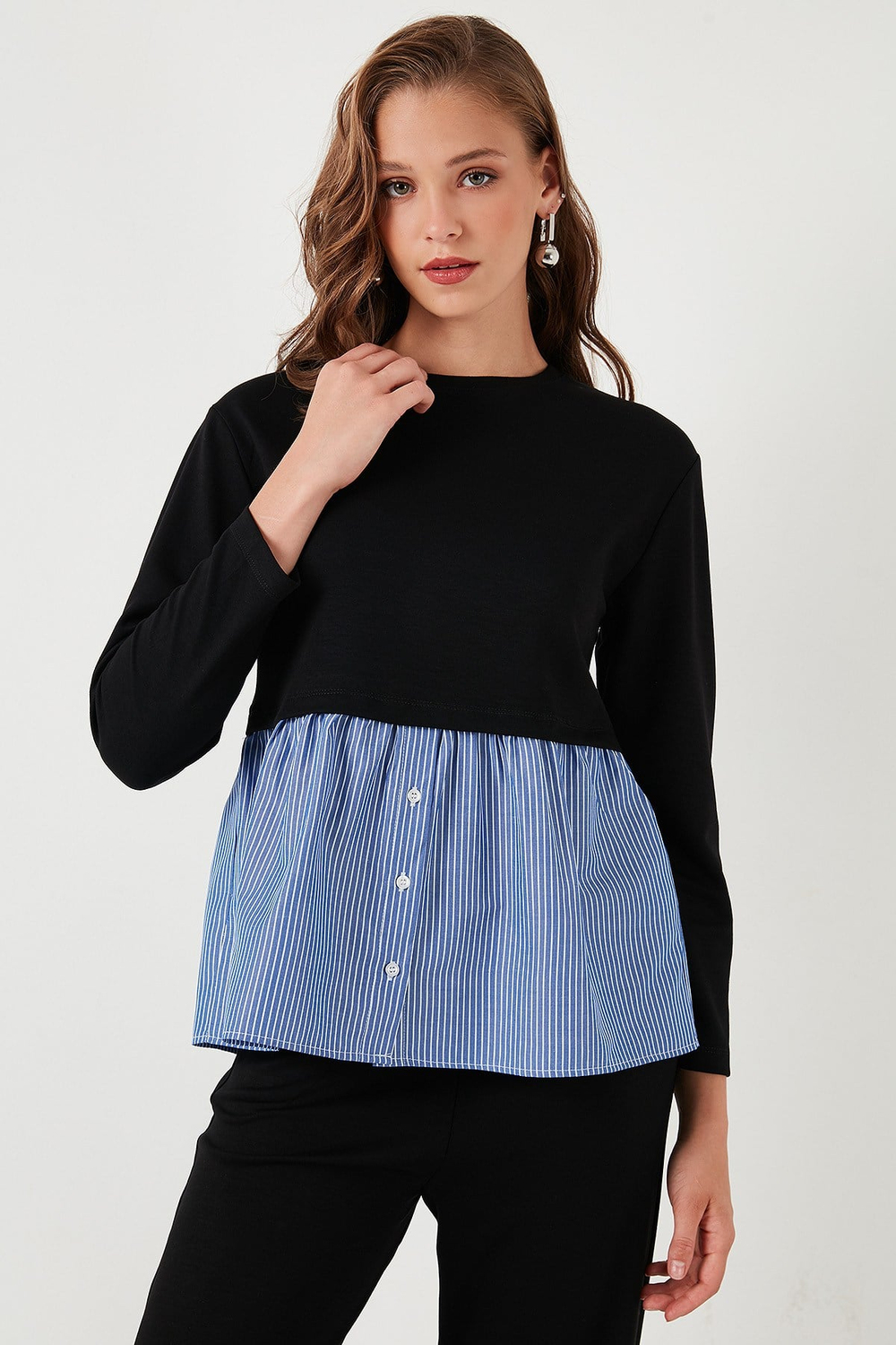 Bisiklet Yaka Gömlekli  Oversize Fit OYSHO Kumaş Kadın Sweat 5865880 SİYAH