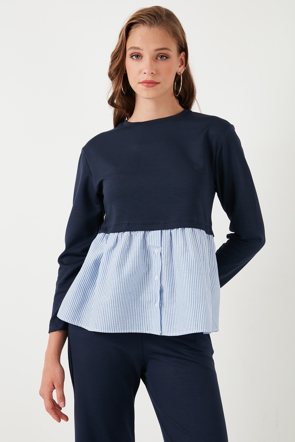 Bisiklet Yaka Gömlekli  Oversize Fit OYSHO Kumaş Kadın Sweat 5865880 LACİVERT