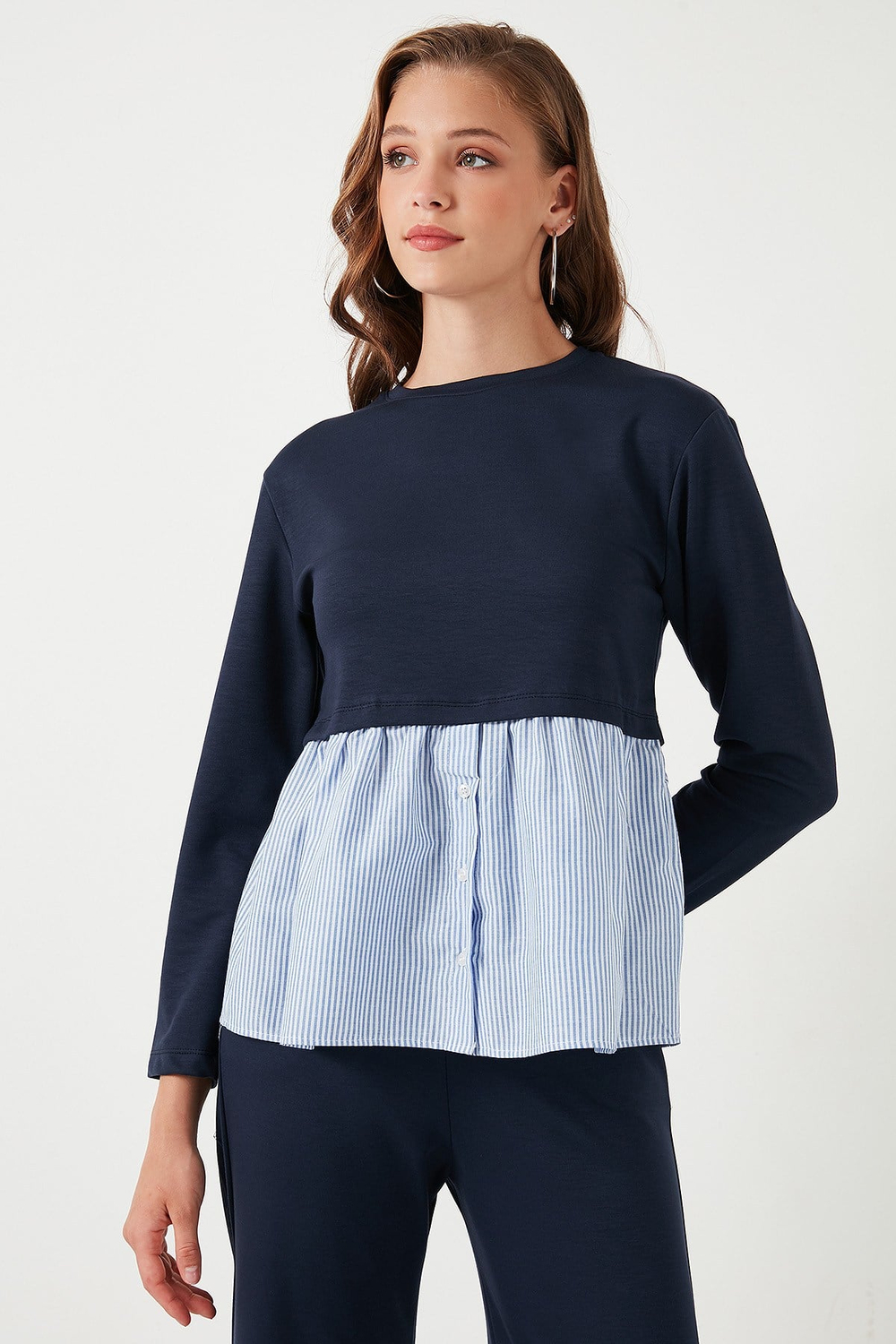 Bisiklet Yaka Gömlekli  Oversize Fit OYSHO Kumaş Kadın Sweat 5865880 LACİVERT
