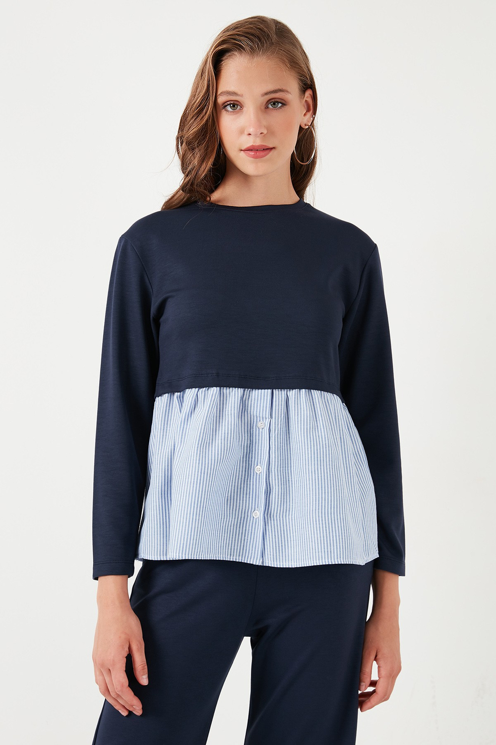 Bisiklet Yaka Gömlekli  Oversize Fit OYSHO Kumaş Kadın Sweat 5865880 LACİVERT