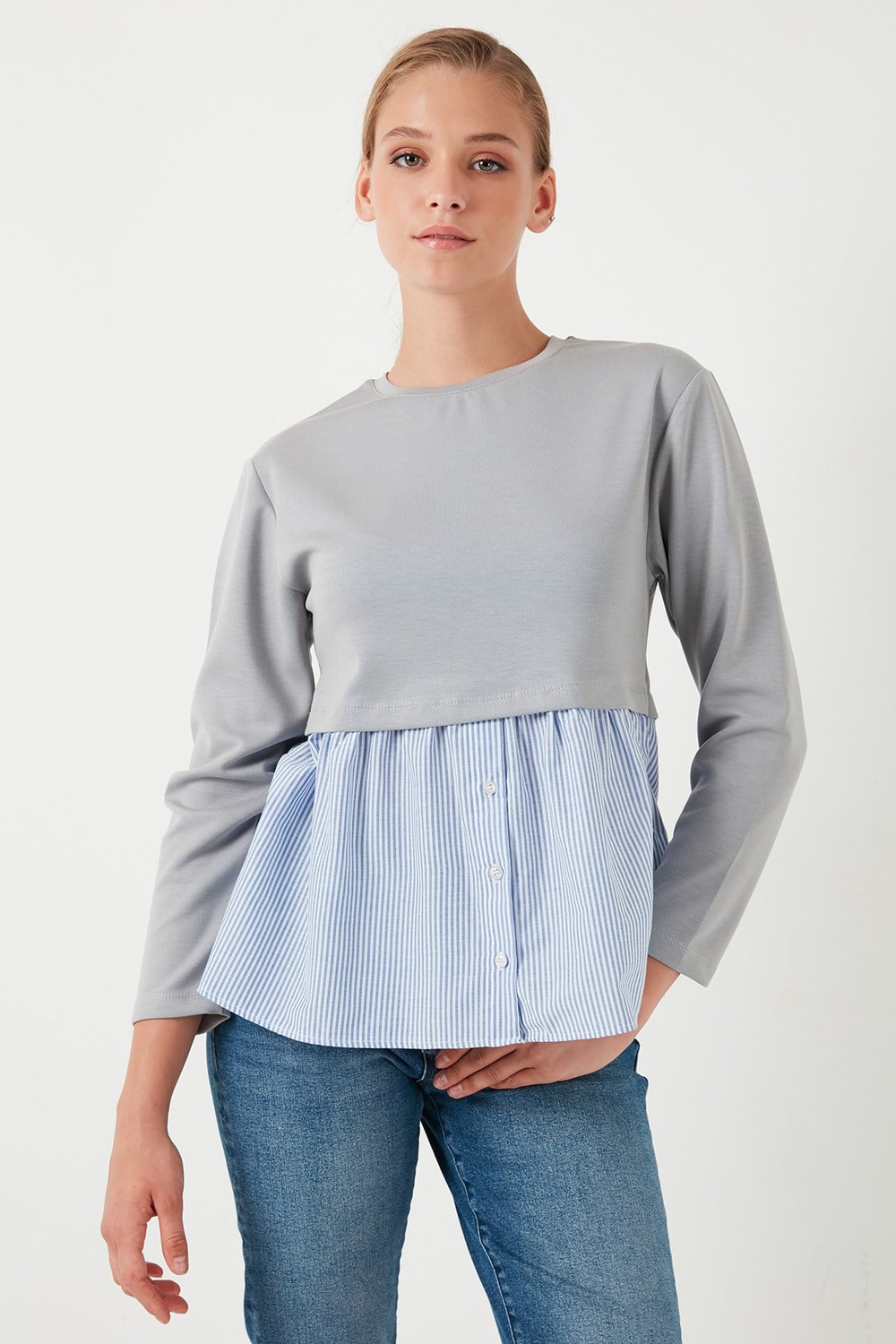 Bisiklet Yaka Gömlekli  Oversize Fit OYSHO Kumaş Kadın Sweat 5865880 GRİ