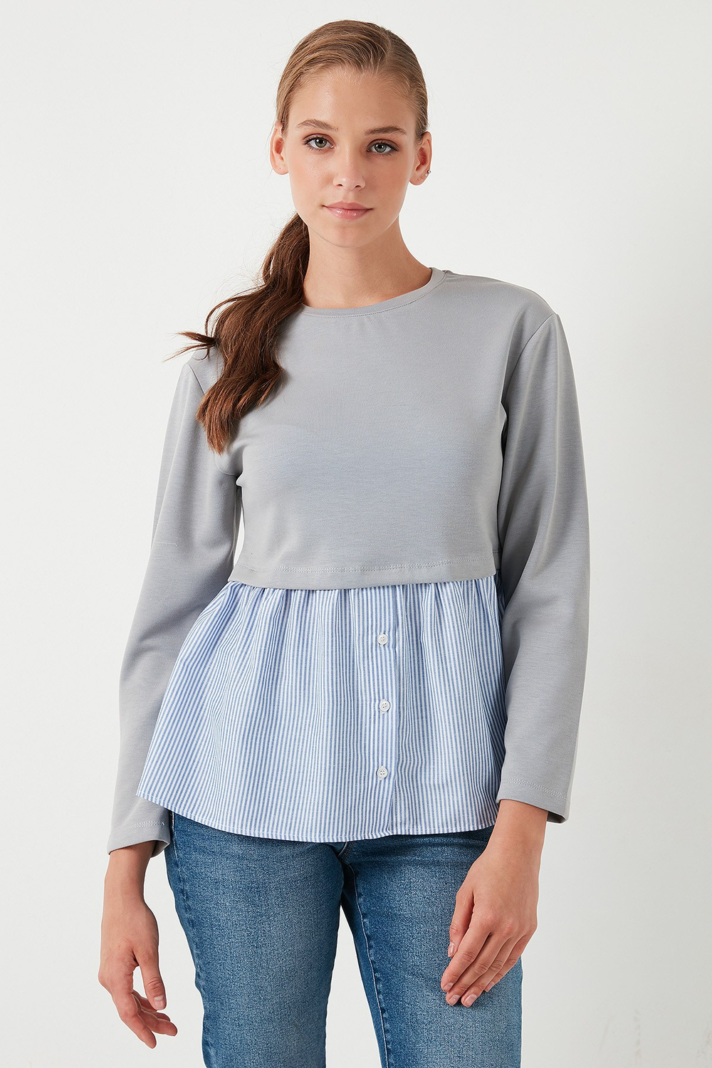 Bisiklet Yaka Gömlekli  Oversize Fit OYSHO Kumaş Kadın Sweat 5865880 GRİ