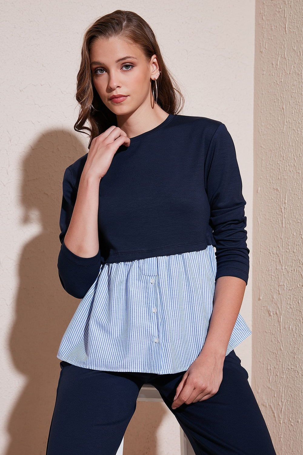 Bisiklet Yaka Gömlekli  Oversize Fit OYSHO Kumaş Kadın Sweat 5865880 LACİVERT