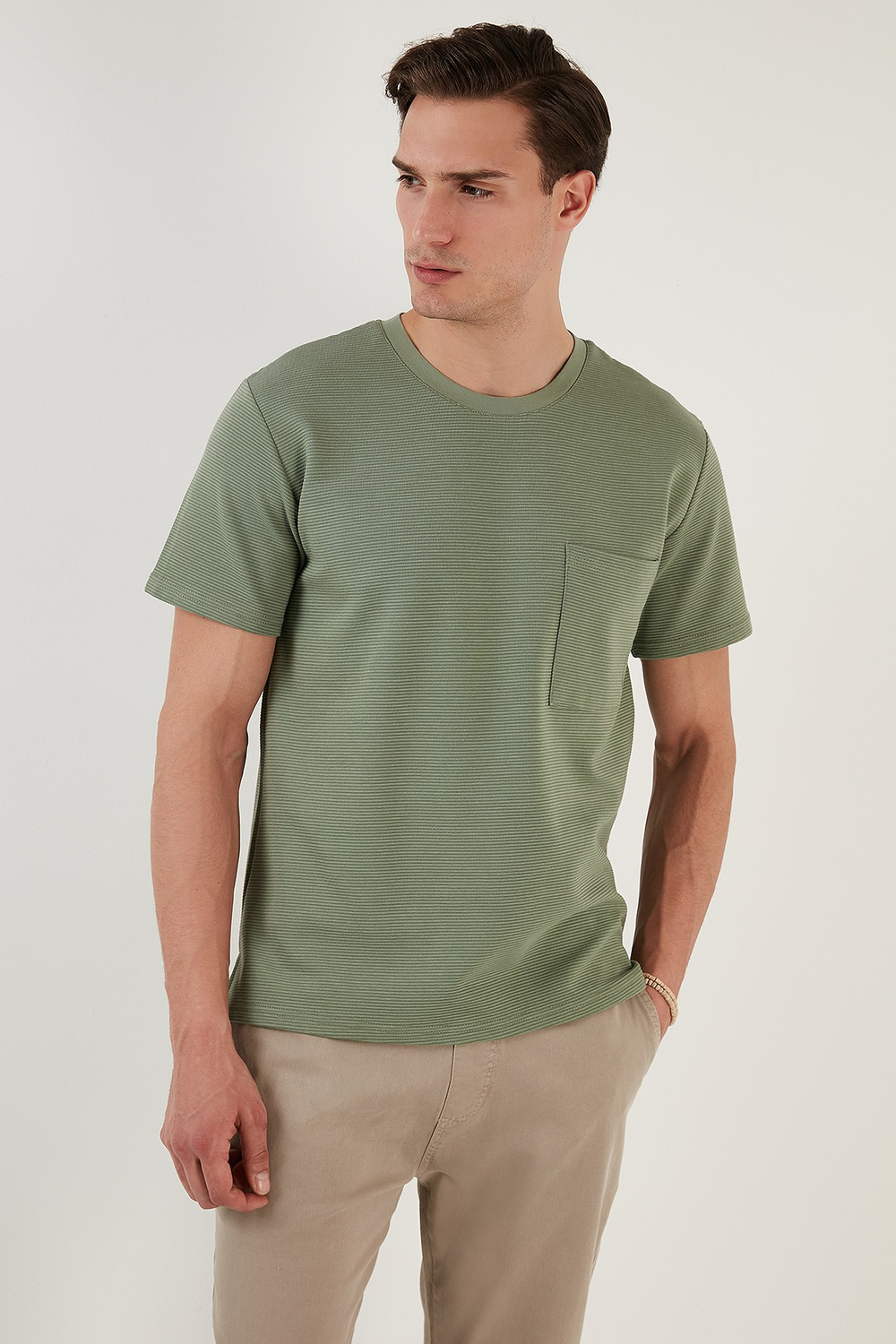 Bisiklet Yaka Tek Cepli Pamuklu Oversize Erkek T Shirt 5902305 ELMA YEŞİLİ