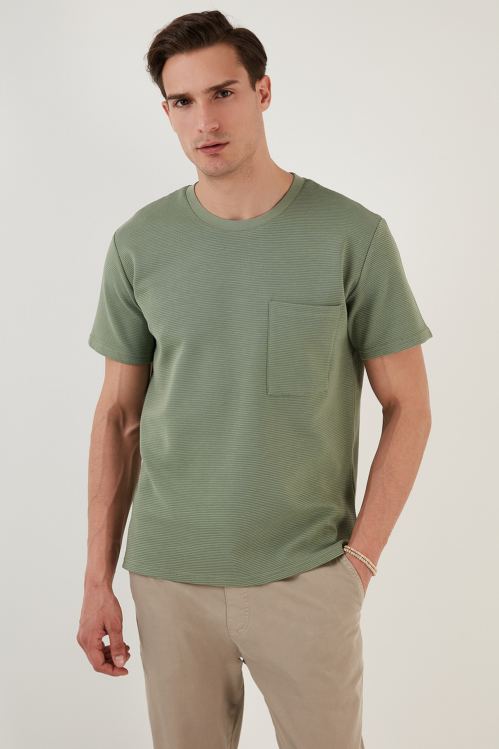 Bisiklet Yaka Tek Cepli Pamuklu Oversize Erkek T Shirt 5902305 ELMA YEŞİLİ