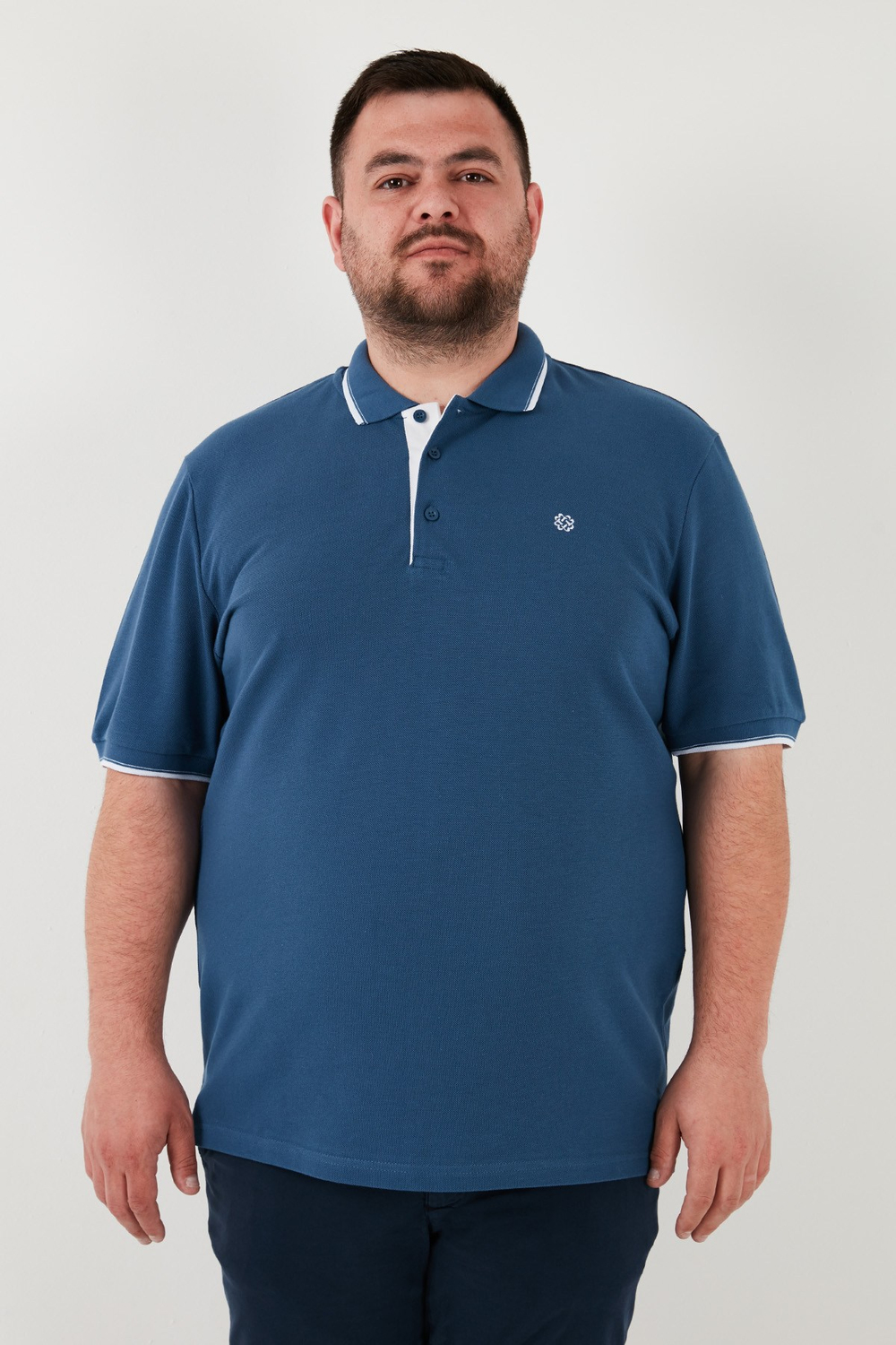 Büyük Beden Pamuklu Regular Fit Erkek Polo Yaka T Shirt 5902118B Koyu Mavi-Beyaz