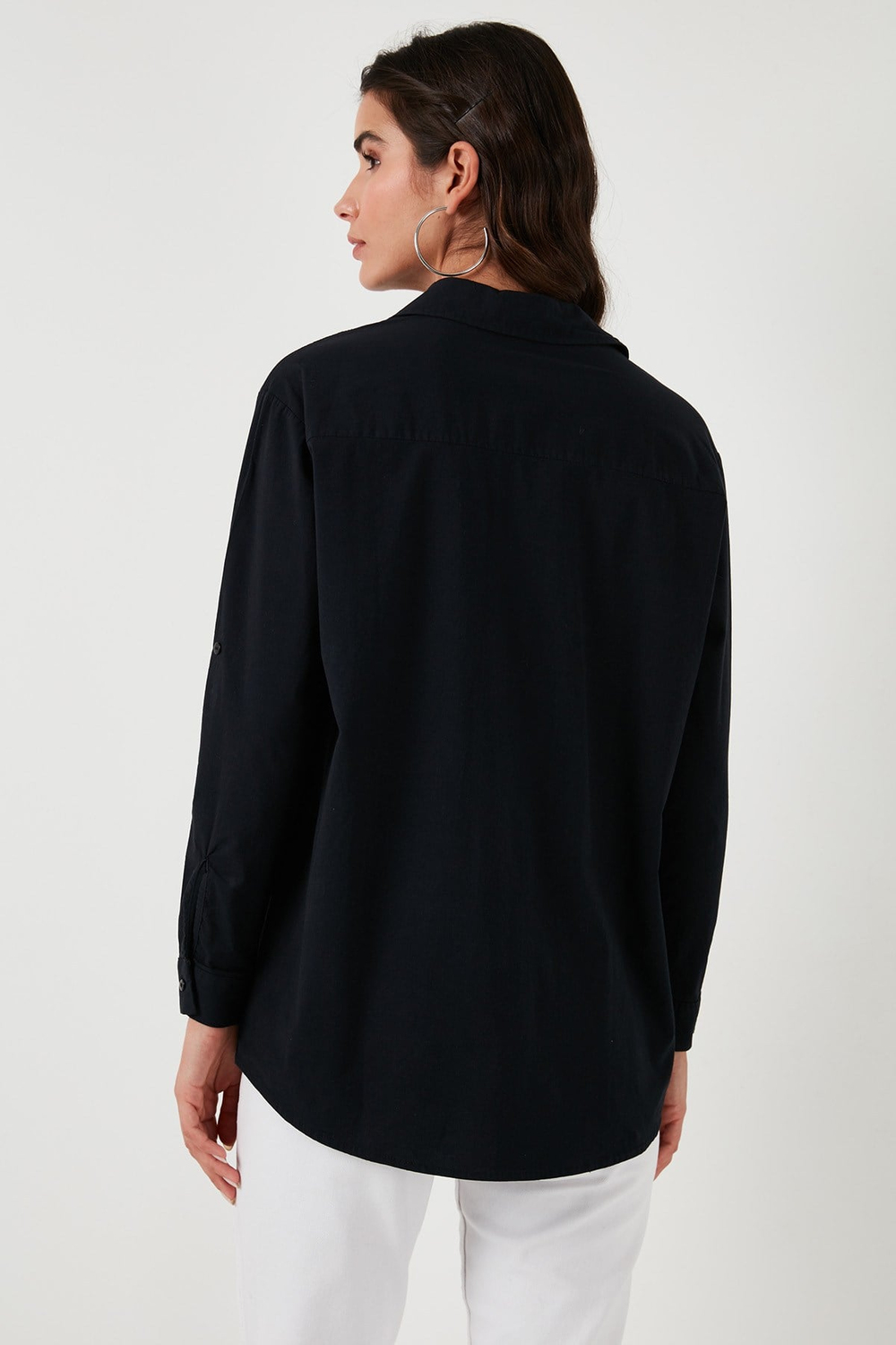 Cepleri Taş Detaylı % 100 Pamuk Oversize Kadın Gömlek 51444781 SİYAH