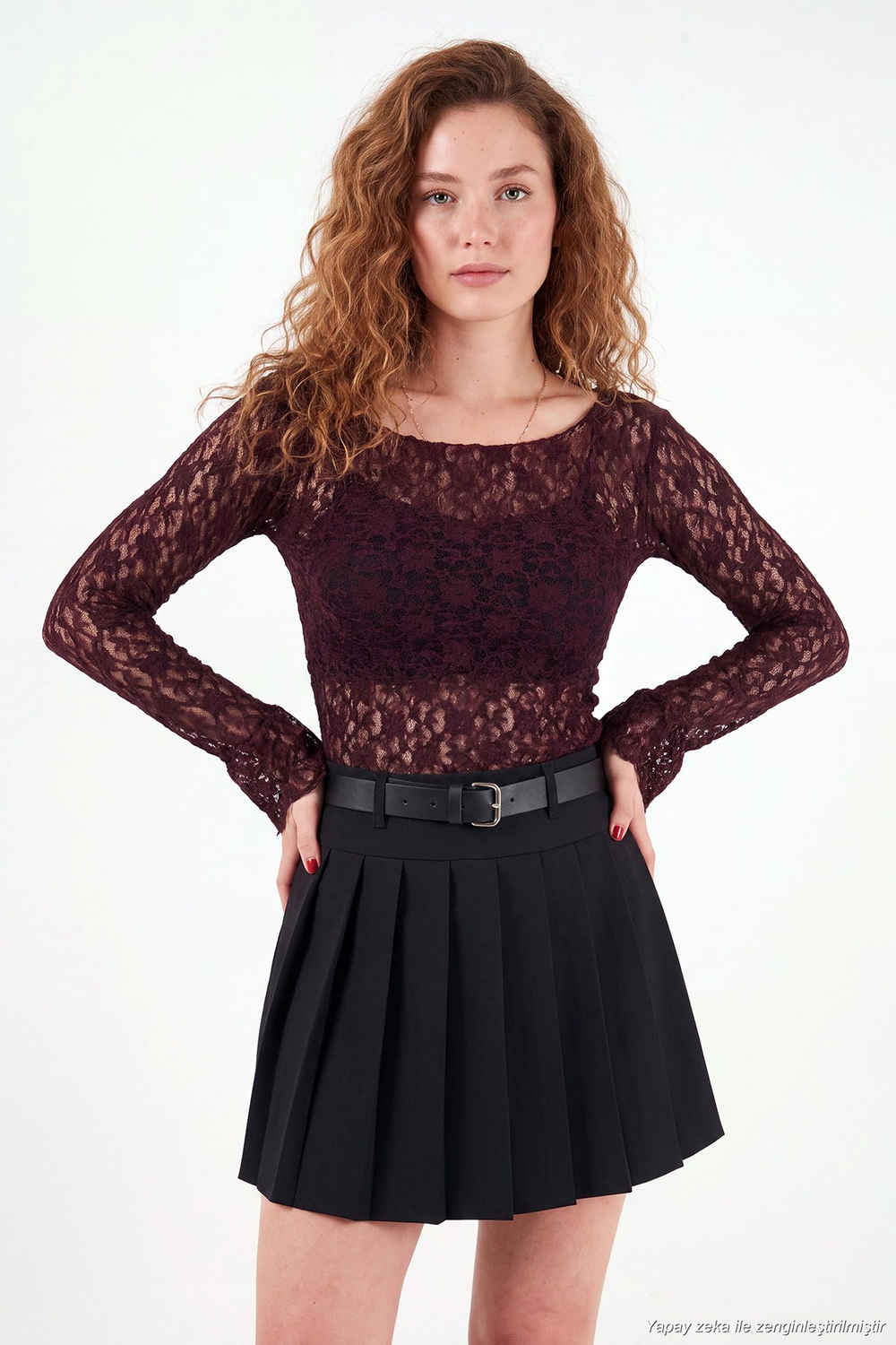 Çiçek Desen Dantelli Kayık Yaka Kadın Bluz 5867118 BORDO
