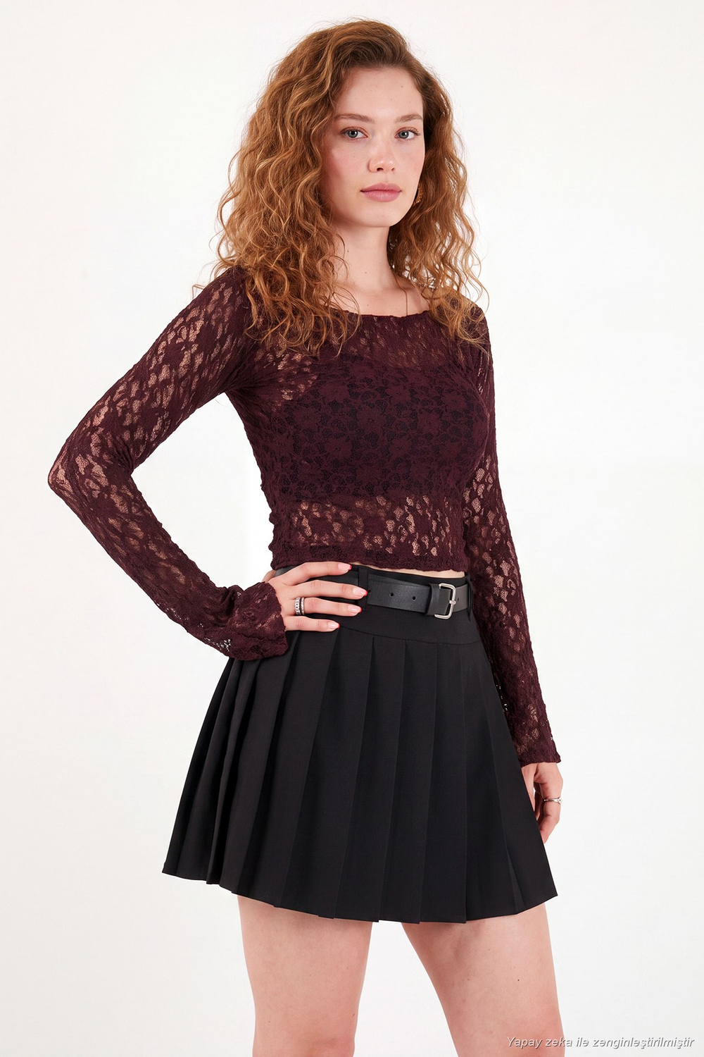 Çiçek Desen Dantelli Kayık Yaka Kadın Bluz 5867118 BORDO